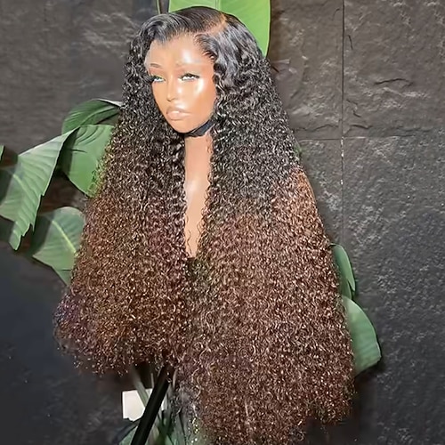 Echthaar 5x5 Verschluss 13x4 Spitzenfront Perücke Freier Scheitel Brasilianisches Haar Lockig Braun Natürlich Perücke 150% 180% Haardichte mit Babyhaaren Ombre-Haar 100% Unbehandelt Kleberfrei Image