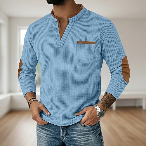 Herren Waffel-T-Shirt Waffel-Henley-Hemd Langarm V Ausschnitt Henley Herbst Frühling Herbst Einfarbig Mode Basic Lässig Falscher Zweiteiler Lässig Straße Sport Hellblau Schwarz Weiß Top T-Shirt für Image