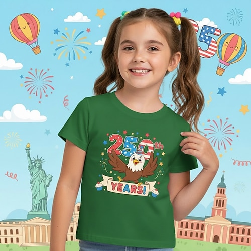 100% Baumwolle American 250 Kinder Mädchen Blau Schwarz Weiß Grafik Adler 250-jähriges Jubiläum T-Shirt Rundhalsausschnitt Kurzarm Urlaub Sport Outdoor Alltagskleidung Aktiv Mode Lässig Drucken Image