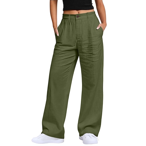 Damen Hose aus Baumwollleinen Weites Bein Freizeithose Urlaub Streetwear Basic Volle Länge Mittlere Taillenlinie Einfach Tasche Atmungsaktivität Bequem Unelastisch Täglich Outdoor Urlaub Grau Schwarz Image
