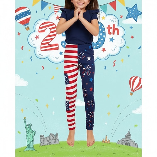 American 250 Mädchen 3D Flagge Gestreift Hose Leggings 3D-Druck Frühling Herbst Streetwear Basic Stumpfhosen Kinder 4-12 Jahre Lässig Täglich Outdoor Normale Passform Image