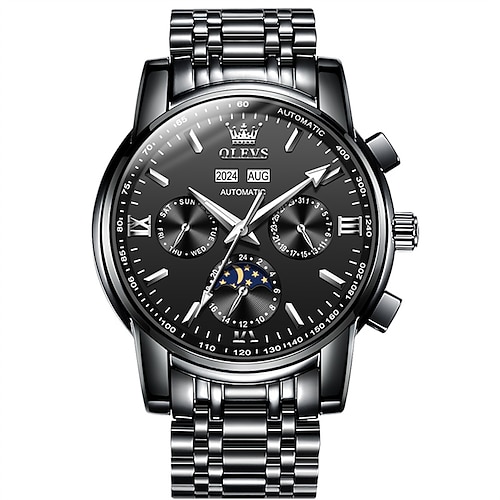 Neue Herren-Business-Uhr der Marke Olevs mit Mondphasenanzeige, Kalender, 24-Stunden-Anzeige und Wochentagsanzeige. Vollautomatische mechanische Uhr mit zahlreichen Funktionen und Wasserdichtigkeit. Image