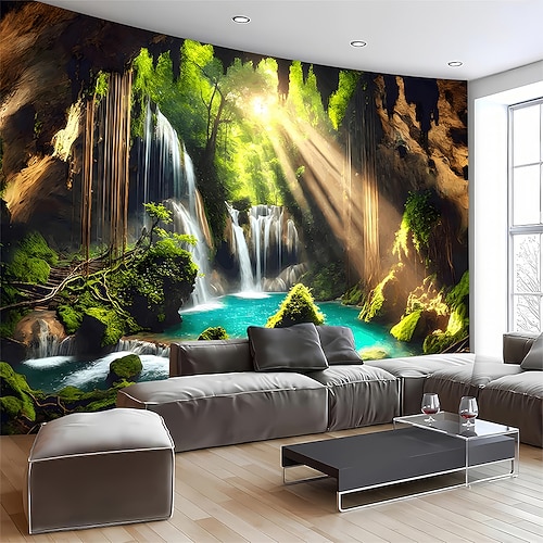 Wasserfall-Höhlen-Wandteppich, Naturlandschaft, tropischer Dschungel, grüner Wald, Zen-Wandkunst für Wohnzimmer, Schlafzimmer, Heimdekoration Image