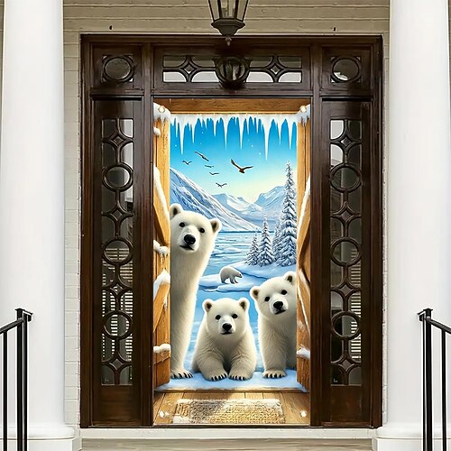 Türdekoration mit Eisbärmotiv, winterliche Schneelandschaft, festliche Girlande, Türbanner, Weihnachtsdeko Image