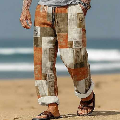 Herren Geometrisch Farbblock Patchwork Hose Baggy-Hosen Freizeithose Mittlere Taille Mode Heim Outdoor Urlaub Elastischer Kordelzug in der Taille Leinenähnliche Hose mit Taschen Sommer Frühling Image
