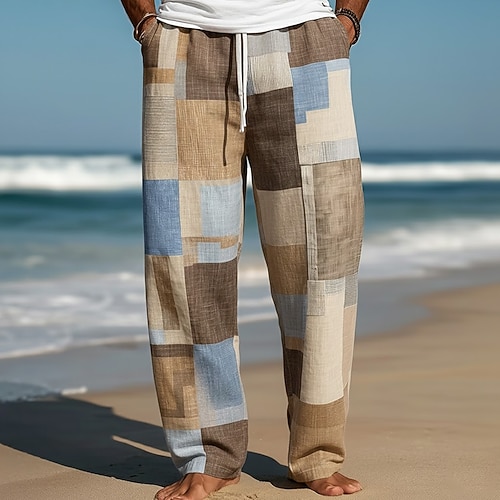 Herren Geometrisch Farbblock Patchwork Hose Freizeithose Baggy-Hosen Mittlere Taille Mode Heim Outdoor Urlaub Elastischer Kordelzug in der Taille Leinenähnliche Hose mit Taschen Sommer Frühling Image