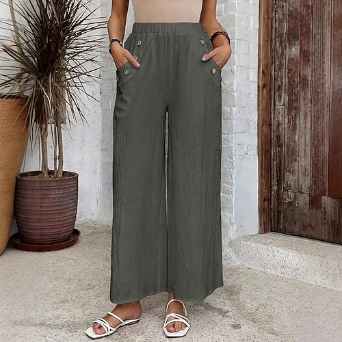 Damen Leinenähnliche Kunstbaumwoll Leinen Hosen Sommerhosen Strandhosen Urlaub Mode Lässig Täglich Voller Länge Hohe Taille Einfarbig Einfache Tasche Elastischer Bund Weite Beine Komfort Schnell Image