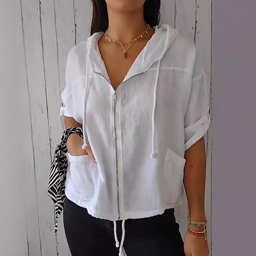 Damen Leinenähnliches Faux Baumwoll Leinen Shirt Lässig Hemd Knopfverschluss Raffung Reißverschluss Tasche Einfarbig Einfarbig Stylisch Lässig Strand Kurze Ärmel Kapuze Alltag Urlaub Ferien Kleidung Image