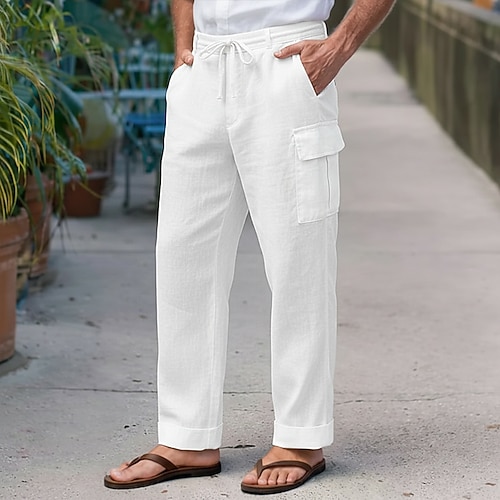 Herren Cargohose Leinenhosen Sommerhose Freizeithose Kordelzug Elastischer Bund Mehrere Taschen Einfach Komfort Atmungsaktiv Volle Länge Lässig Täglich Ferien Urlaub Mode Blau Schwarz Mikroelastisch Image
