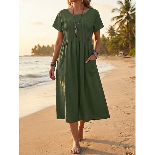 Damen Midikleid Baumwoll-Leinen-Kleider Shiftkleid T-Shirt-Kleid Mode Modern Täglich Outdoor Ferien Lässiger Schnitt Einfach Kurzarm Rundhalsausschnitt Armeegrün Rote Marineblau Sommer Frühling Image