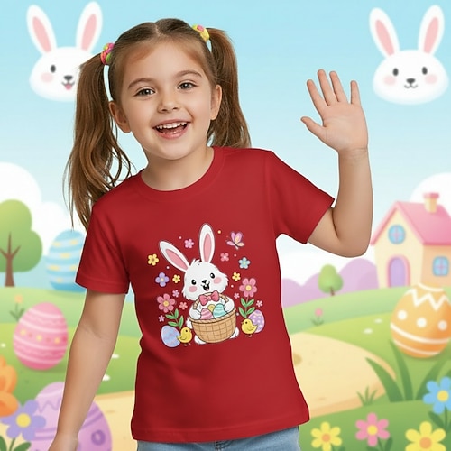 100% Baumwolle Ostern Kinder Mädchen Blau Schwarz Weiß Grafik Kaninchen T-Shirt Rundhalsausschnitt Kurzarm Täglich Outdoor Streetwear Urlaub Sport Mode Drucken Sommer Frühling Image