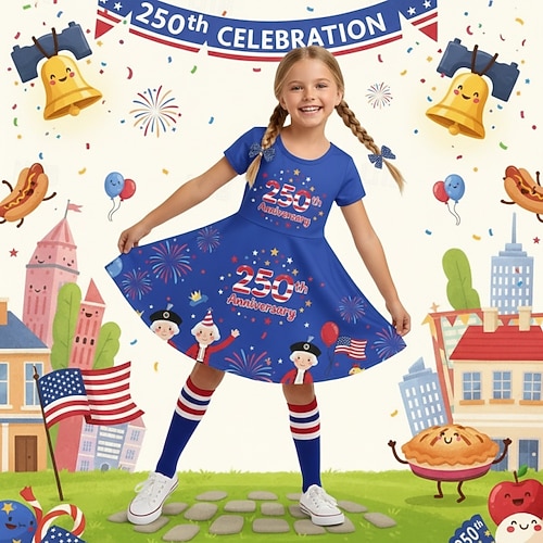 American 250 Mädchen' 3D Grafik Flagge Kleid Kurzarm 3D-Druck Sommer Frühling Täglich Urlaub Party Niedlich Basic Lässig Kinder 4-12 Jahre Freizeitkleid A Linie Kleid Knielang Normale Passform Image
