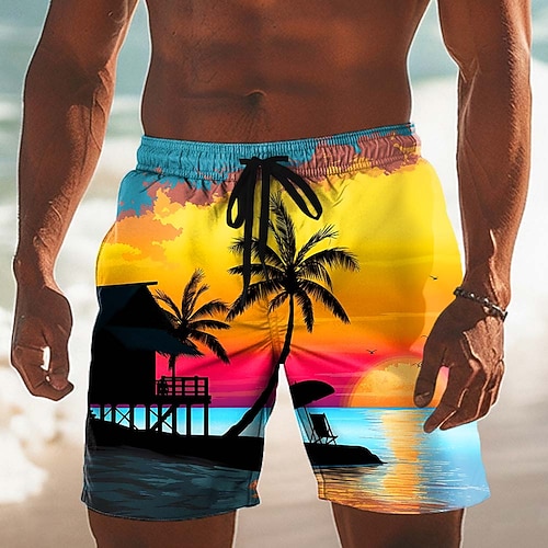 Herren Kokospalme Natur Landschaft Tropische Pflanzen Badehosen Badeshorts Boardshorts Mittlere Taille Hawaiianisch Strandurlaub Seitentaschen Netzfutter Elastischer Kordelzug in der Taille Designer Image
