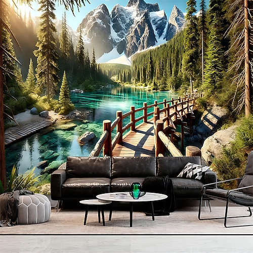 Wandteppich mit Bergsee- und Kiefernwaldmotiv, Naturlandschaft, schneebedeckter Gipfel, Wanddekoration für Wohnzimmer, Schlafzimmer, Studentenwohnheim oder Zuhause Image