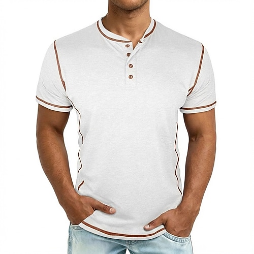 Herren T Shirt Henley Hemd Henley Oberteil Kurzarm Einfarbig Einheitliche Farbe Vintage Lässig Kontrastnähte Henley Lässig Täglich Sommer Frühling Herbst Schwarz Weiß Hellblau Henley T-Shirt Image