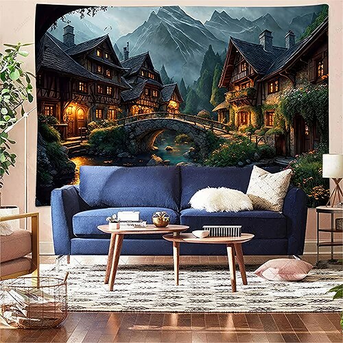 Wandteppich mit Feengarten-Pilzhaus-Motiv, magischer Wald, skurrile Waldlandschaft, Wandkunst für Mädchenzimmer, Spielzimmer, Kinderzimmer, Wohndekoration Image