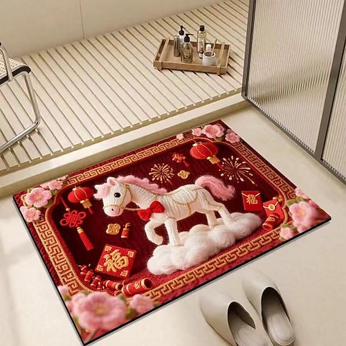 Rote Badematte zum chinesischen Neujahr, Jahr des Pferdes, weiche Kieselgurmatte, festlich, saugfähig, rutschfest, für WC und Dusche Image