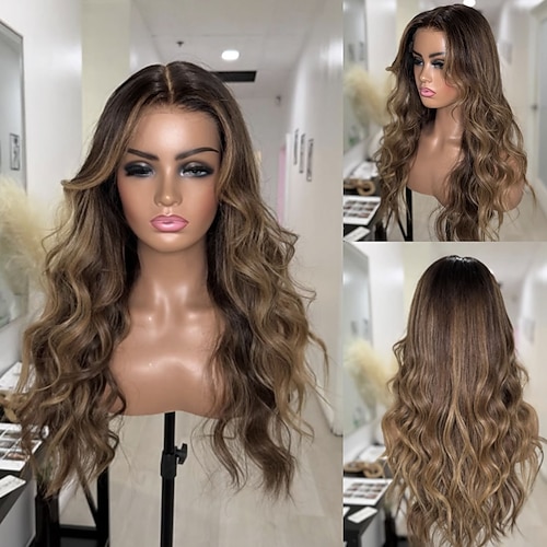 Echthaar 5x5 Verschluss 13x4 Spitzenfront Perücke Mittelscheitel Brasilianisches Haar Gewellt Blond Mehrfarbig Perücke 150% 180% Haardichte Ombre-Haar Natürlicher Haaransatz 100% Unbehandelt Image