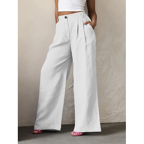 Damen Hose aus Baumwollleinen Weites Bein Freizeithose Urlaub Streetwear Basic Volle Länge Mittlere Taillenlinie Einfach Plissiert Tasche Atmungsaktivität Bequem Unelastisch Täglich Outdoor Urlaub Image