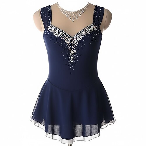 Eiskunstlaufkleid Damen Eislaufen Kleid Marineblau Patchwork Offener Rücken Hohe Elastizität Training Wettbewerb Eiskunstlaufkleidung Klassisch Kristall / Strass Ärmellos Eislaufen Eiskundstlauf Image