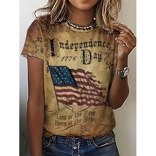 Unabhängigkeitstag Amerikanisches Jubiläum Patriotisches Damen T-Shirt Grafik Buchstabe Vintage Stilvoll Klassisch Kurzarm Rundhals Rundhals Täglicher Wochenenddruck Blau Weiß-Blau Gelb Image