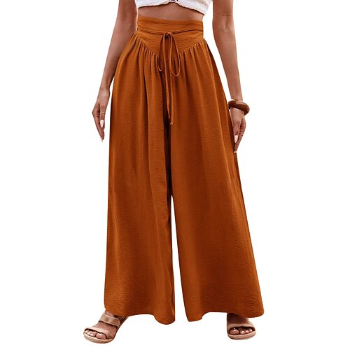 Damen Hose Sommerhose Strandhose Urlaub Mode Alltagstauglich Volle Länge Mittlere Taille Einfarbig Einfach Kordelzug Weites Bein Komfort Schnelltrocknend Weich Hohe Elastizität Streetwear Strand Image