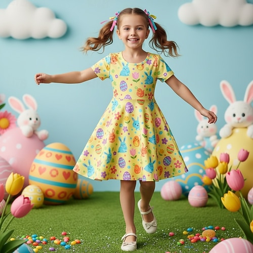 Ostern Mädchen' 3D Grafik Kaninchen Kleid Kurzarm 3D-Druck Sommer Frühling Täglich Urlaub Party Niedlich Basic Lässig Kinder 4-12 Jahre Freizeitkleid A Linie Kleid Knielang Normale Passform Image