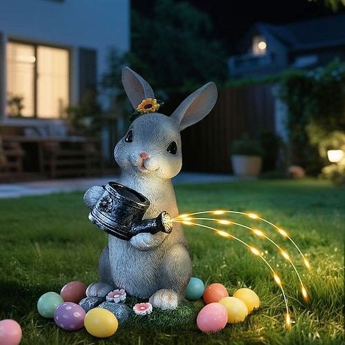 Osterhasen-Gießkanne aus wasserfestem, grauem Kunstharz mit Solarbeleuchtung für den Außenbereich, ideal für Garten, Hof, Wege und Rasen, auch als dekorative Akzentbeleuchtung für die Gartengestaltung Image