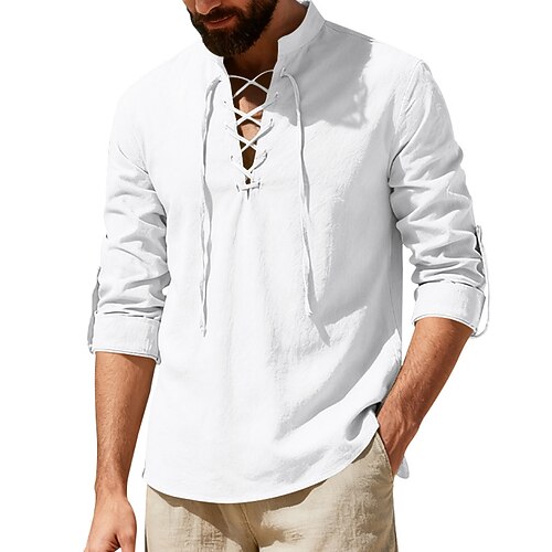Herren Hemd Leinenhemd Wikinger-Stil Sommerhemd Strandbekleidung Stehkragenhemd Einfarbig Lässig Urlaub Schwarz Weiß Grün Khaki Langarm Hemdkragen Sommer Frühling Bekleidung Kordelzug Image
