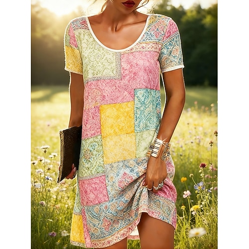 Damen Minikleid Boho-Kleid Freizeitkleid T-Shirt-Kleid Mode Modern Täglich Outdoor Urlaub Normale Passform Grafik Geometrisch Kurzarm Rundhalsausschnitt Rosa Sommer Frühling Image