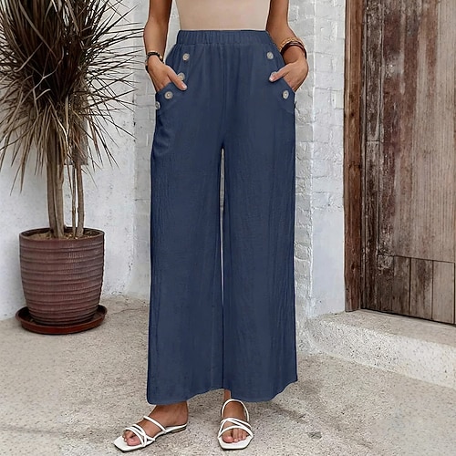 Damen Hose Sommerhose Strandhose Urlaub Mode Alltagstauglich Volle Länge Hohe Taille Einfarbig Einfach Tasche Elastischer Bund Weites Bein Komfort Schnelltrocknend Weich Mikroelastisch Streetwear Image