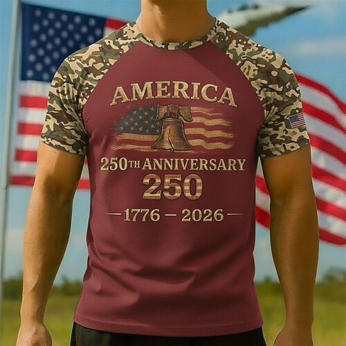 250-jähriges Jubiläum USA T-Shirt Grafisches T-Stück Amerikanische Flagge Freiheitsglocke Patriotisch Retro Vintage T-Shirt Ärmel 1776–2026 für Herren Erwachsene 3D-Druck für Unabhängigkeitstag / 4 Image