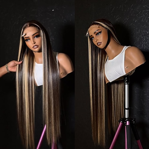 Echthaar 5x5 Verschluss 13x4 Spitzenfront Perücke Mittelscheitel Brasilianisches Haar Glatt Blond Braun Perücke 150% 180% Haardichte mit Babyhaaren Ombre-Haar Hervorgehobenes / Balayage-Haar Image