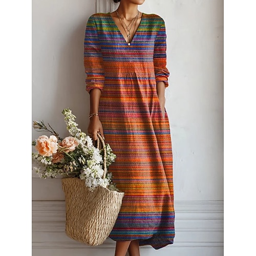 Damen Midi Kleid Leinenähnlich Atmungsaktiv Leicht Sommerkleid Shift Kleid Lässig Party Urlaub Lockere Passform Geometrisch Lange Ärmel V-Ausschnitt Gelb Pink Hellbraun Sommer Frühling Image