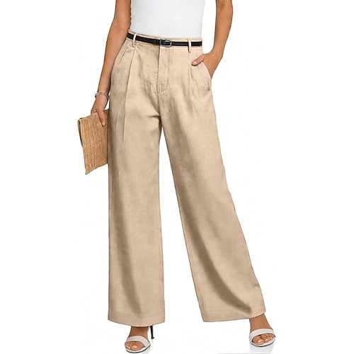 Damen Hose aus Baumwollleinen Weites Bein Freizeithose Urlaub Streetwear Basic Volle Länge Mittlere Taillenlinie Einfach Tasche Atmungsaktivität Bequem Unelastisch Täglich Outdoor Urlaub Grau Schwarz Image