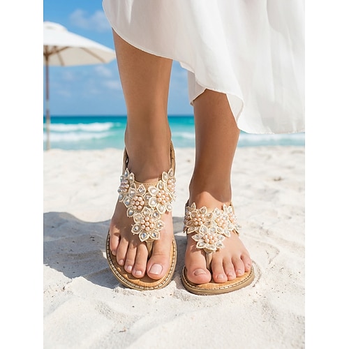 Damensandalen im Boho-Stil mit Blumenperlen – lässige Sommer-Flip-Flops mit elastischem Riemen und verziertem Design für den Strand oder lässige Outfits Image