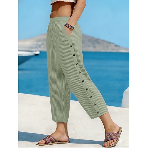 Damen Kunstbaumwollleinen Stoffhosen Sommerhose Hosen Hose Klassisch Lässig Volle Länge Natürliche Taille Gestreift Tasche Atmungsaktivität Weich Bequem Mikroelastisch Straße Alltagskleidung Image