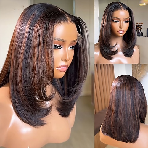 Echthaar Remy Echthaar U-Teil 5x5 Verschluss 13x4 Spitzenfront Perücke Kurzer Bob Freier Scheitel Brasilianisches Haar Glatt Braun Natürlich Dunkelbraun Perücke 150% 180% Haardichte mit Babyhaaren Image