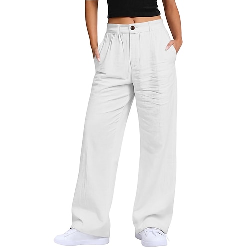 Damen Hose aus Baumwollleinen Weites Bein Freizeithose Urlaub Streetwear Basic Volle Länge Mittlere Taillenlinie Einfach Tasche Atmungsaktivität Bequem Unelastisch Täglich Outdoor Urlaub Grau Schwarz Image