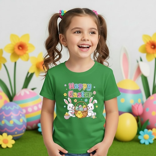 100% Baumwolle Ostern Kinder Mädchen Blau Schwarz Weiß Grafik Kaninchen T-Shirt Rundhalsausschnitt Kurzarm Täglich Outdoor Aktiv Streetwear Lässig Drucken Sommer Frühling Image
