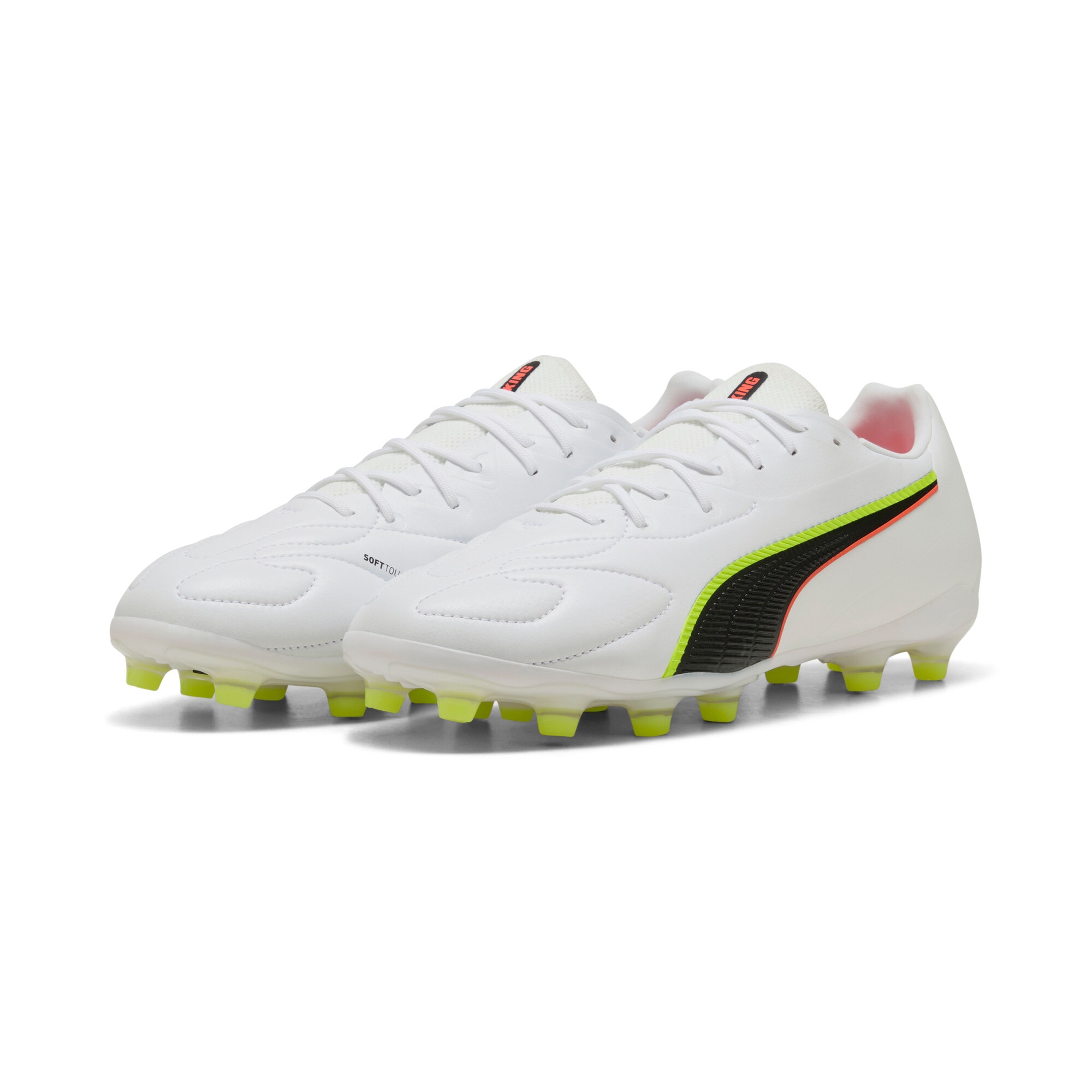 Fußballschuh PUMA "KING 20 MATCH FG/AG", Gr. 44, puma weiß, glowing rot, gelb alert, Synthetik, Schuhe Fußballschuh, für Rasenplätze