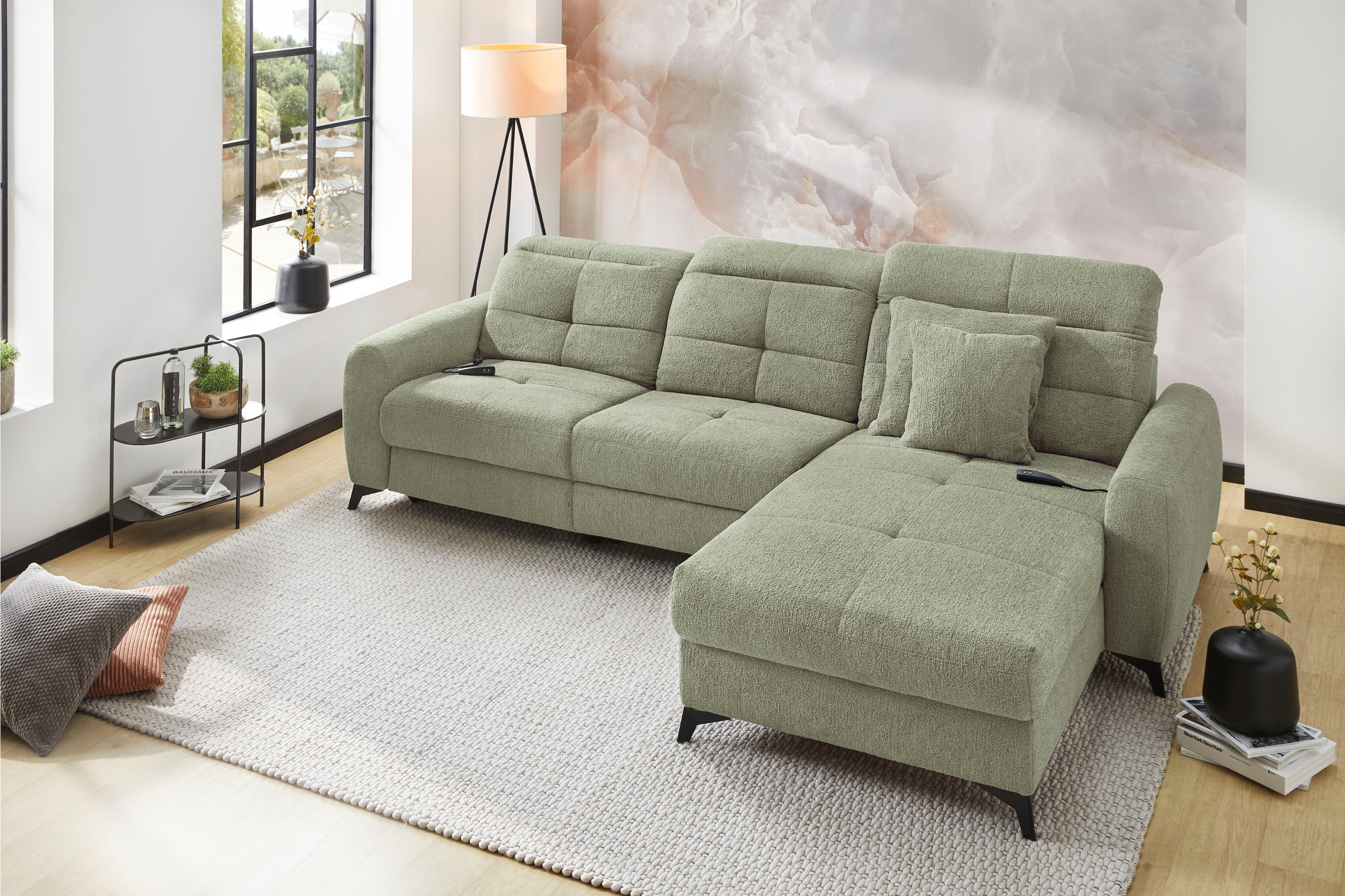 Ecksofa JOCKENHÖFER GRUPPE "Chillout L-Form, B: 288 cm, elektr. Relaxfunktion im Sitz und Ottomane", salbei, grün 432, 13, B:288cm T:110cm, Korpus: 100% Polyester;Kissen: 100% Polyester, Sofas, Ecksofa, 140kg Belastbarkeit je Sitz,... Image