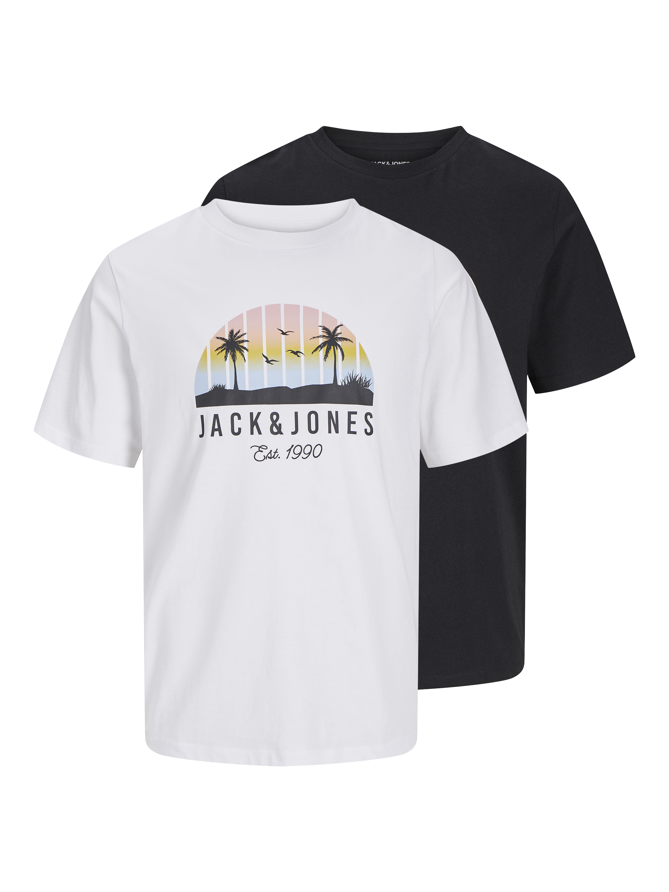 T-Shirt JACK & JONES JUNIOR "JJPALM TEE LS CREW NECK 2PK MP JNR", Jungen, Gr. 164, weiß pack:weiß, balck, Single Jersey, Obermaterial: 100% Baumwolle, bedruckt, regular fit normal, Rundhals, Shirts T-Shirt