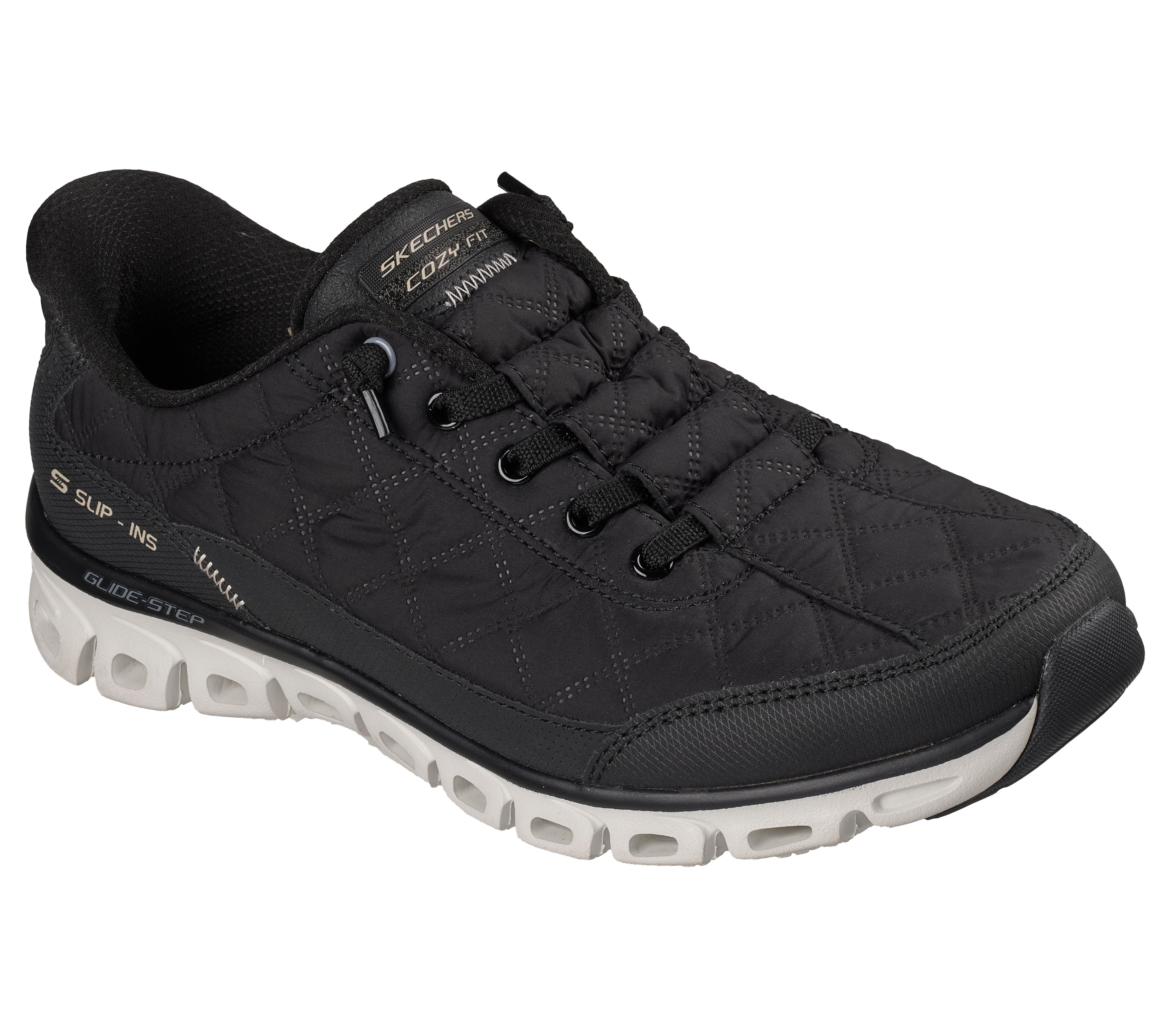 Slip-On Sneaker SKECHERS "GLIDE-STEP", Damen, Gr. 35, schwarz, natur, Textil, Schuhe, Freizeitschuh, Slipper mit No Tie Fit zum Schlupfen
