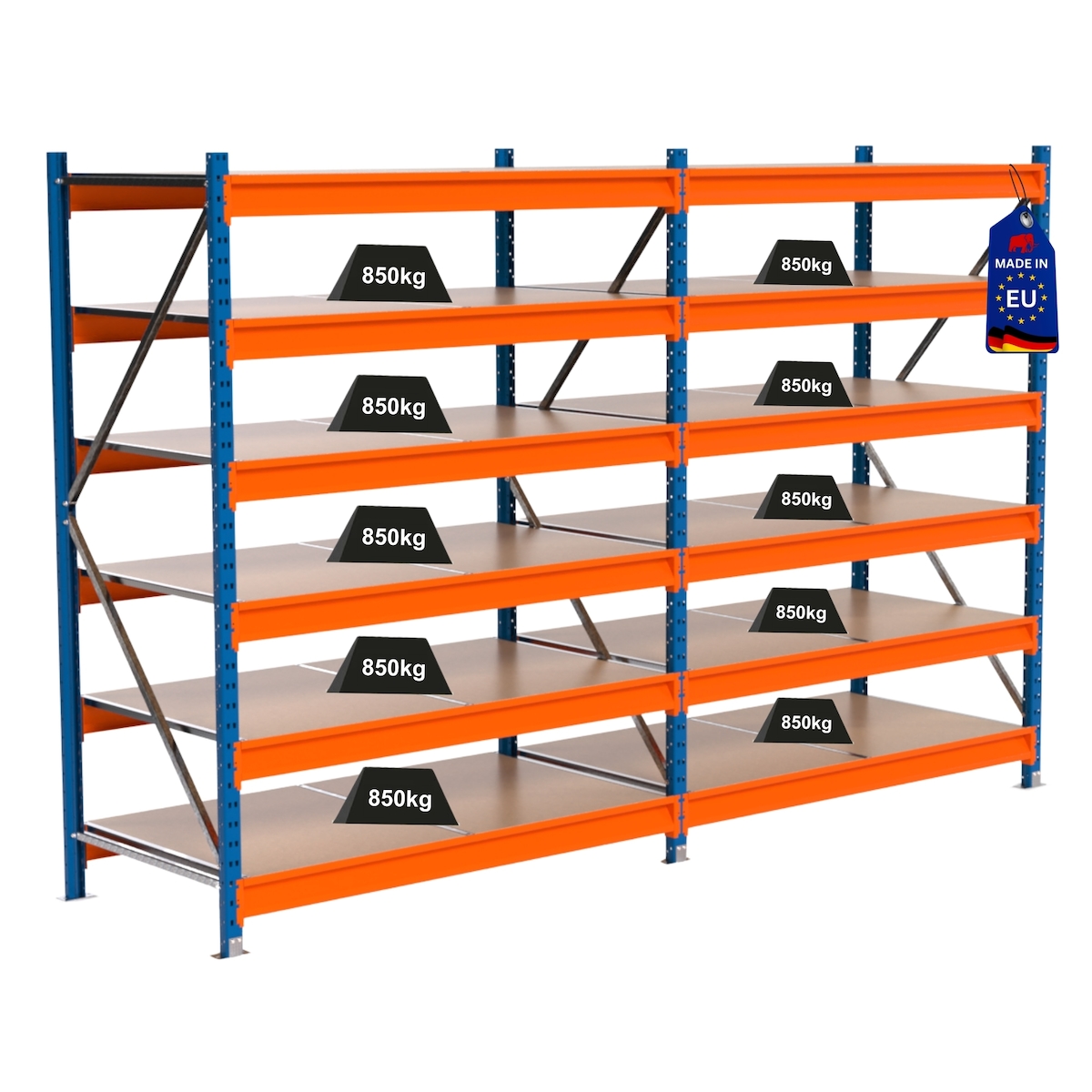 PROREGAL Industrie Schwerlastregal MAXIMUS PRO, Komplettregal, HxBxT 200x300x80cm, 6 Ebenen, Spanplatten-Fachboden, Fachlast 850 kg, Blau/Orange Image