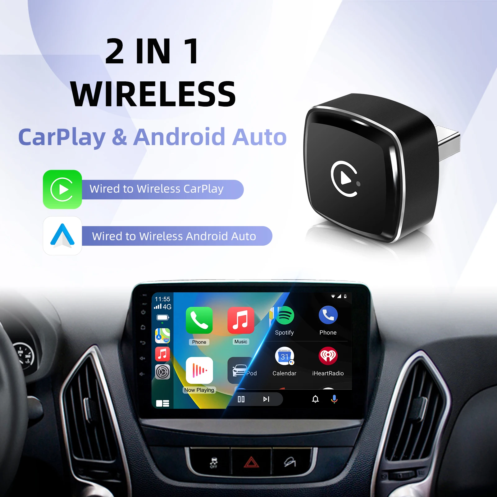 2-in-1 kabelloser Carplay- und Android-Auto-Adapter, wandelt kabelgebundene in kabellose Mini-Box um, kabellose Steuerung, Plug & Play Carplay Image