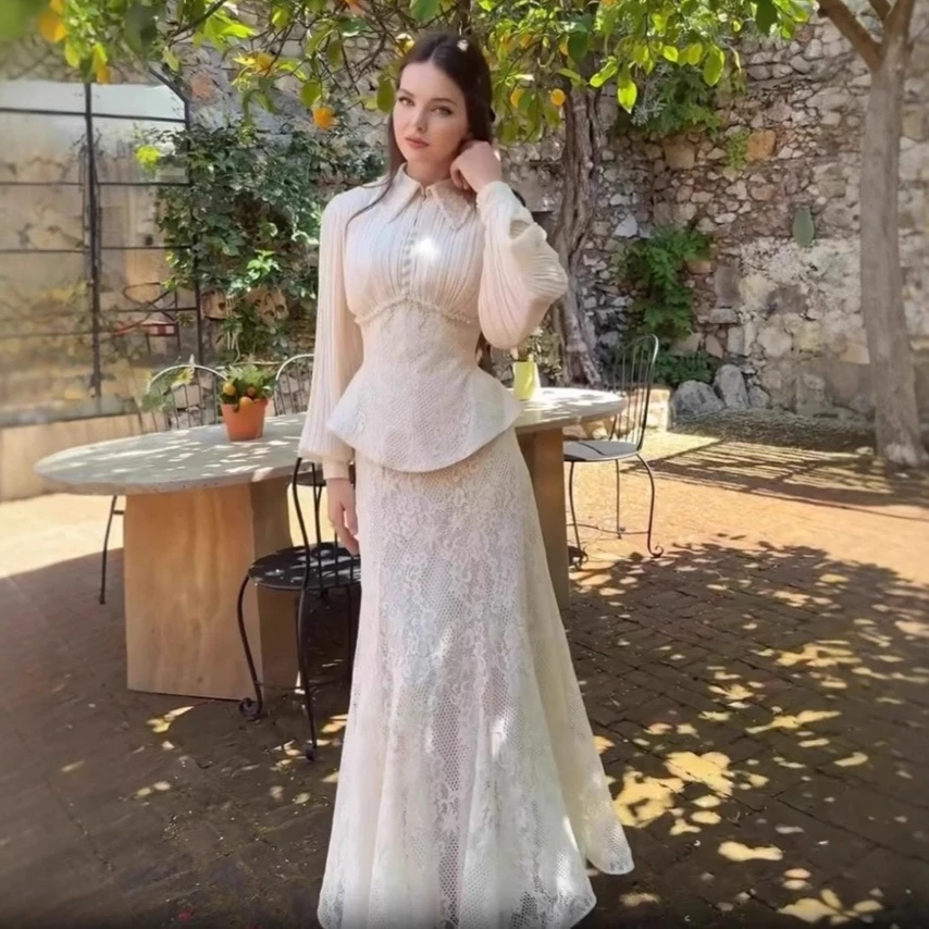 Eid Damen Spitzenbluse Langer Rock 2-teiliges Set Schlanke Passform Muslimische Bluse Jalabiya Ramadan Dubai Muslimische Ensembles Arabische Lange Röcke Image