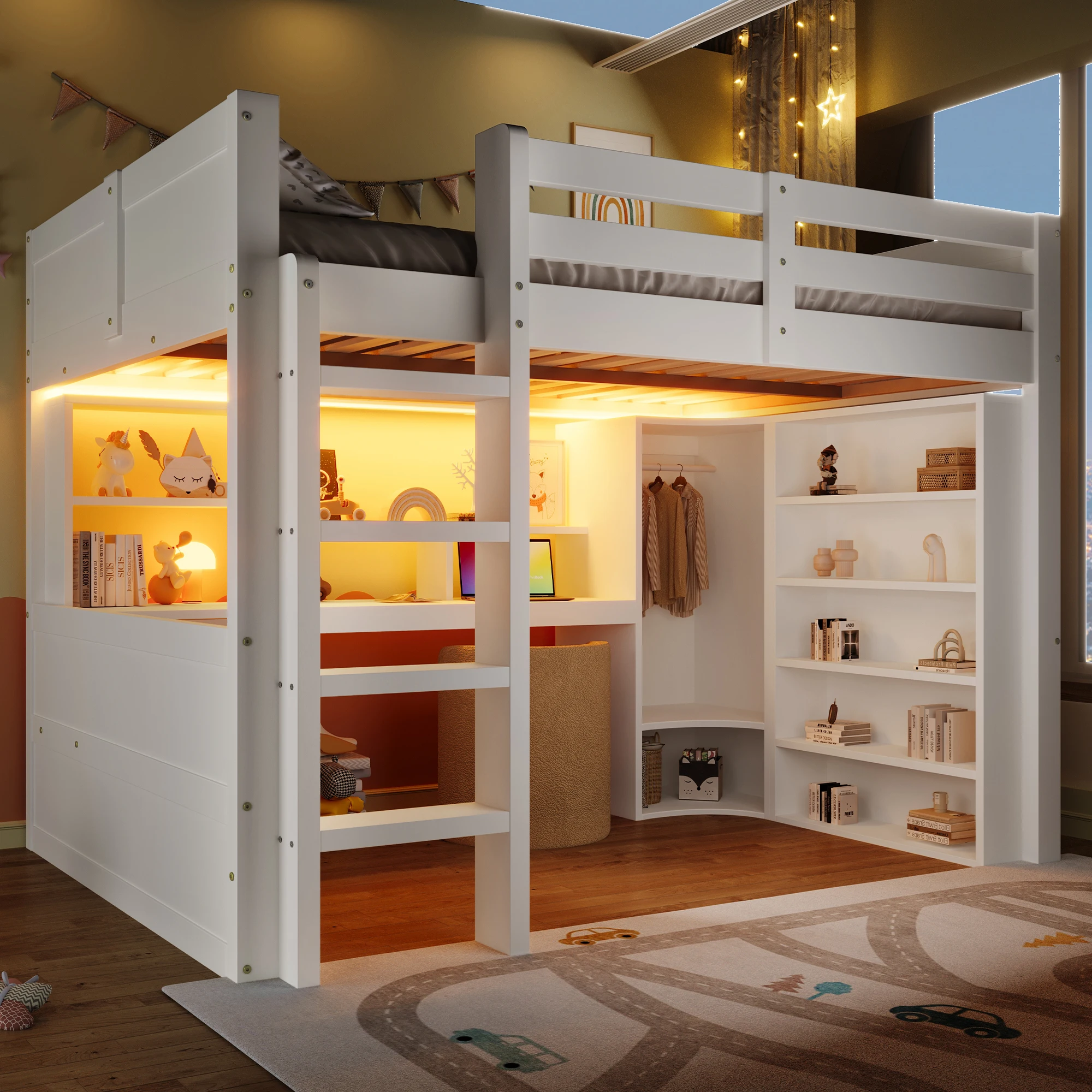Hochbett, 140 x 200 cm, mit LED-Leuchten, Kleiderschrank, Schreibtisch, Schubladen, Staufächern, ohne Matratze, weiß