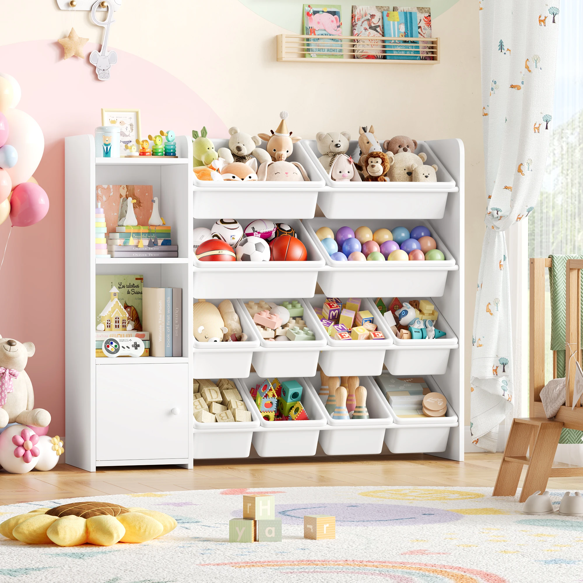 Getone kinderregal kinderzimmer möbel Spielzeugtruhe Bücherregal kinderschrank mit 8 Boxen 4 Regalen 112.5x30x100cm weiß/Rosa