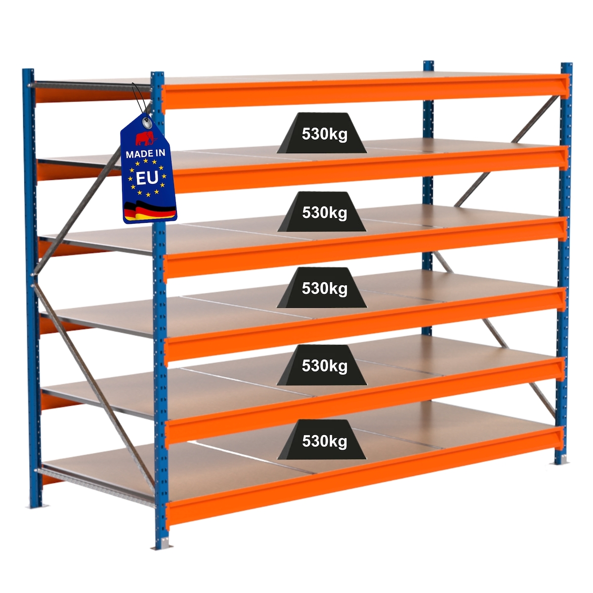 PROREGAL Industrie Schwerlastregal MAXIMUS PRO, Grundregal, HxBxT 200x250x100cm, 6 Ebenen, Spanplatten-Fachboden, Fachlast 530 kg, Blau/Orange Image
